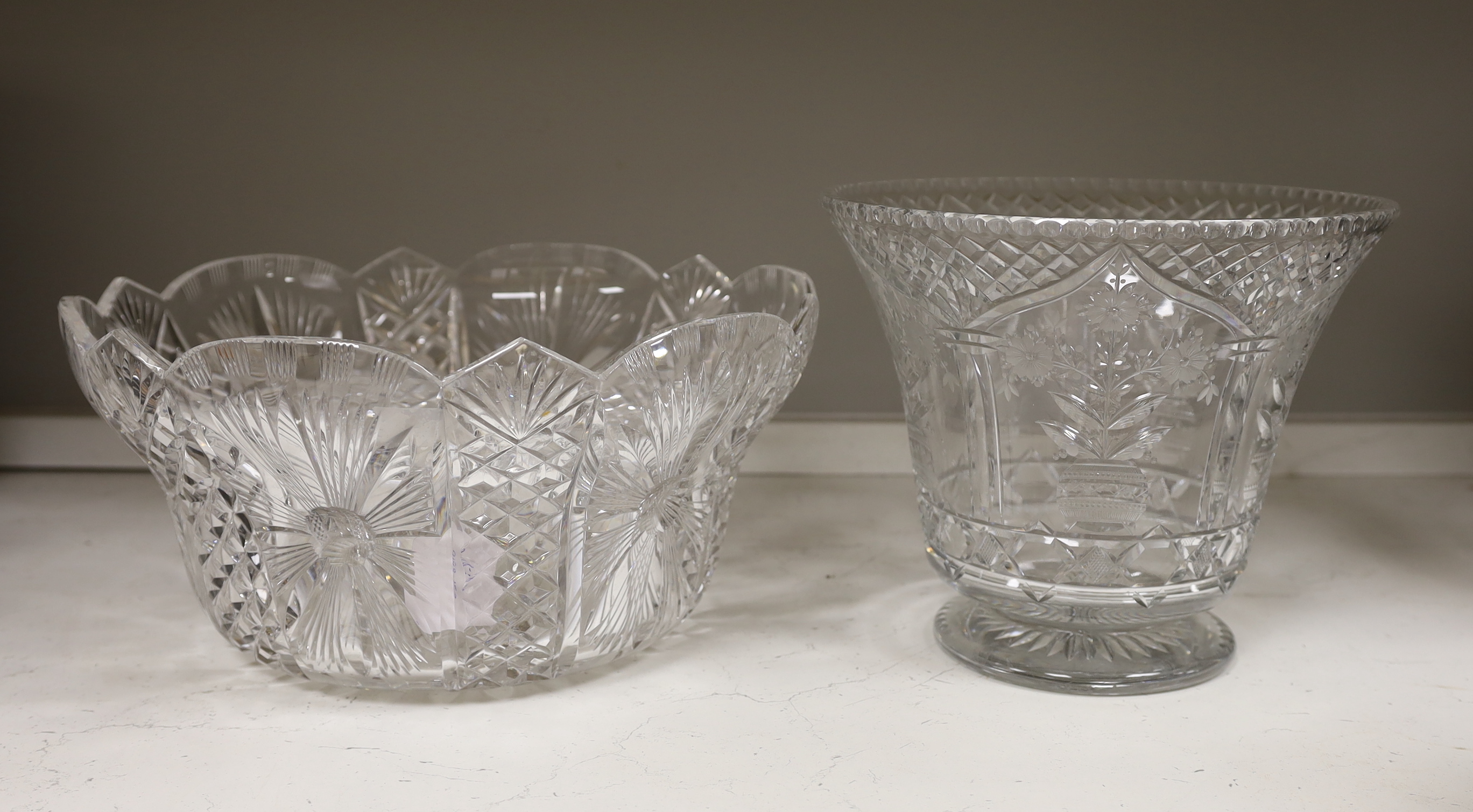 Two early 20th century large cut glass bowls, largest 38cm diameter